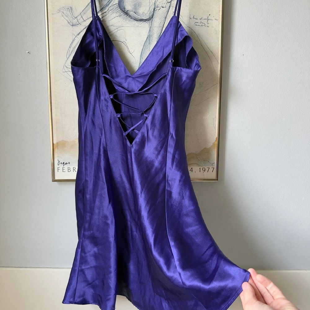 Y2K Royal Purple Satin Lace Up Open Corset Back Slip Mini Dress Fairy Goth XS/S